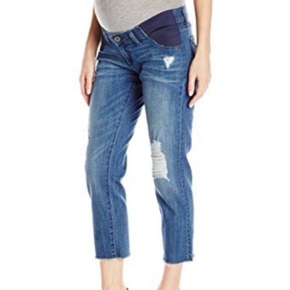 DL1961 Women's Maternity Riley Boyfriend Cropped Blue Distressed Jeans - Picture 2 of 7